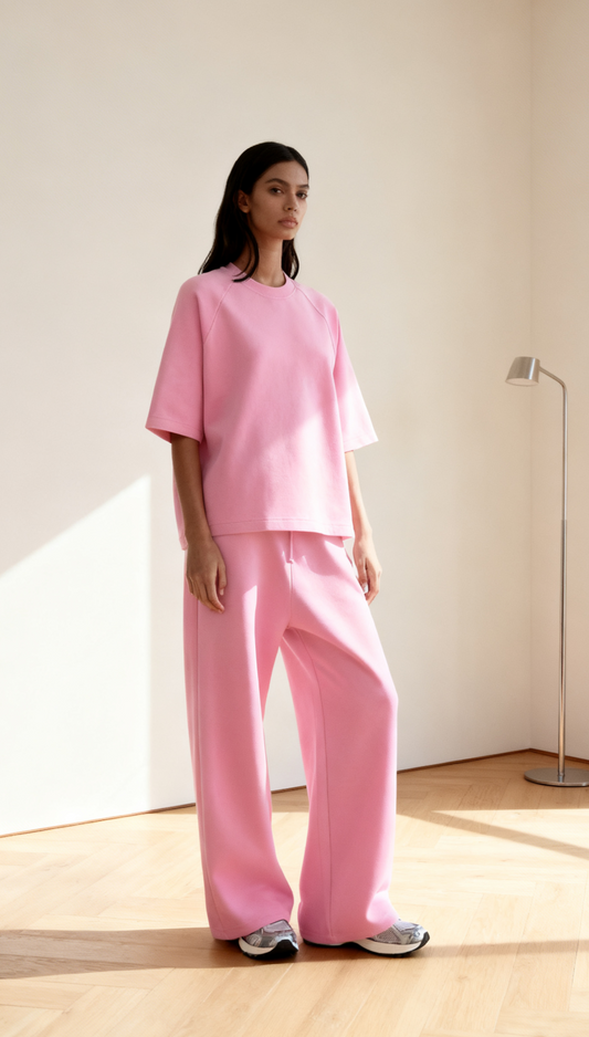 Loose Pink O Neck T Shirt and Pants Cotton Two-piece Set Summer