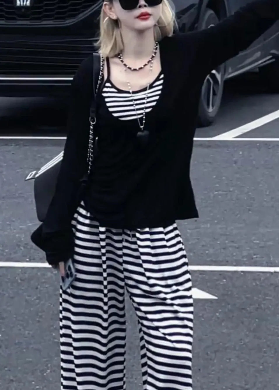Striped Black Tops and Wide Leg Pants Cotton Three-piece Set Fall