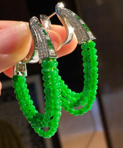 Green Sterling Silver Xiaomi Beads Chalcedony Hoop Earrings