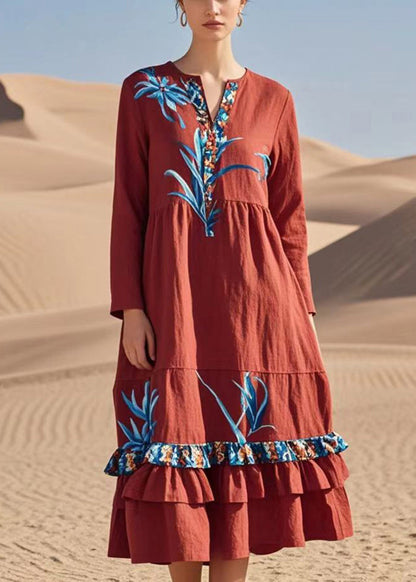 Red Print Patchwork Ruffles Cotton Dresses Fall