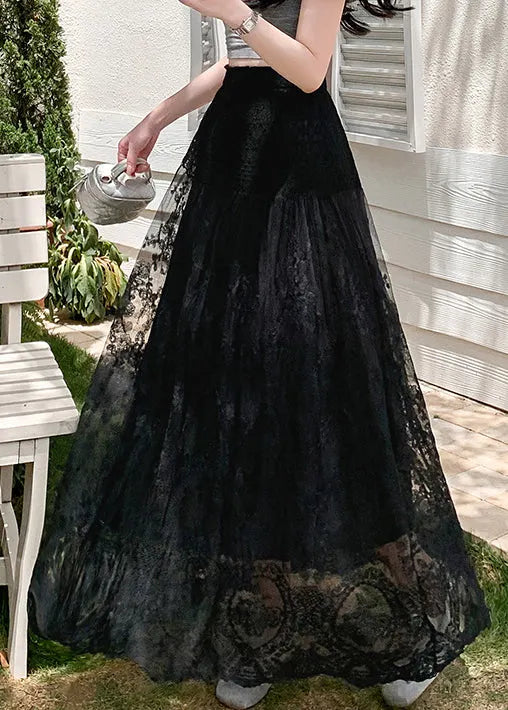Black Lace Hollow Out Summer Tulle Skirts Elastic Waist
