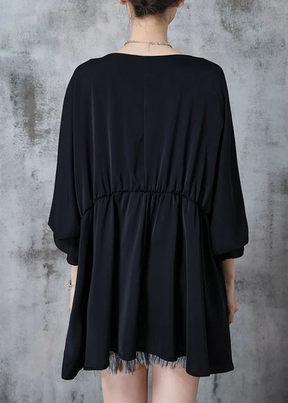 Black V Neck Tasseled Chiffon Dresses Summer