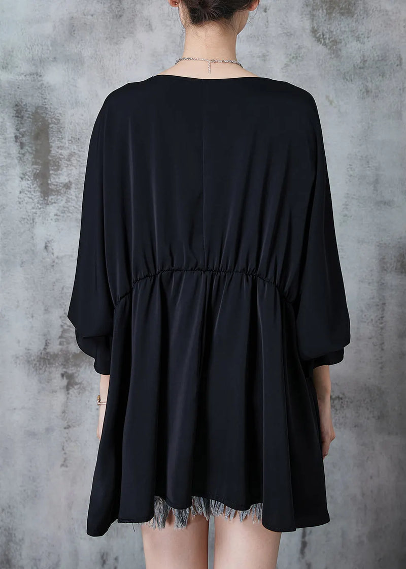Black V Neck Tasseled Chiffon Dresses Summer