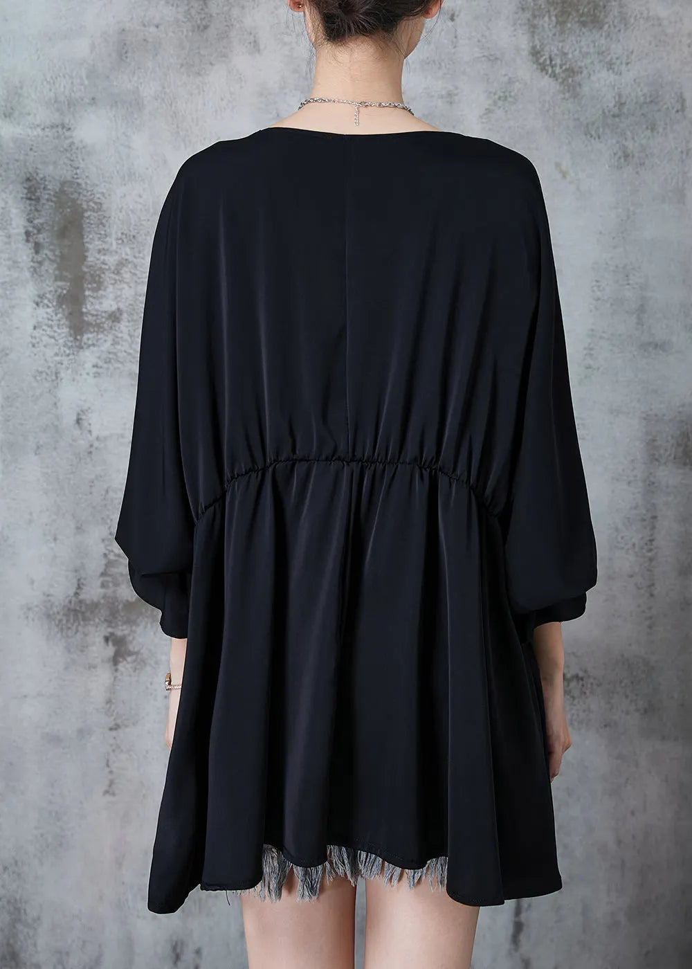 Black V Neck Tasseled Chiffon Dresses Summer