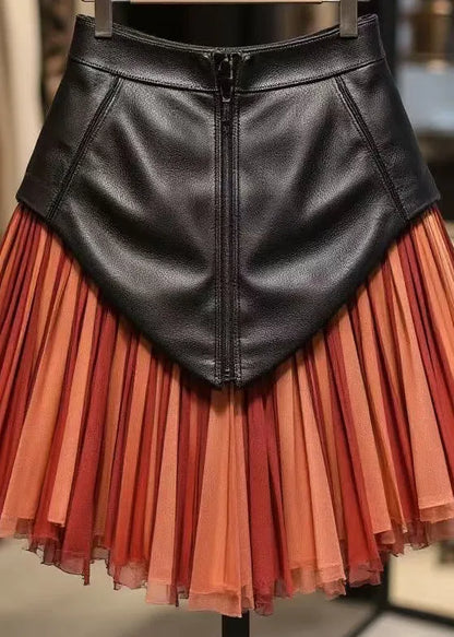Red Zippered Tulle Patchwork Faux Leather Skirts High Waist