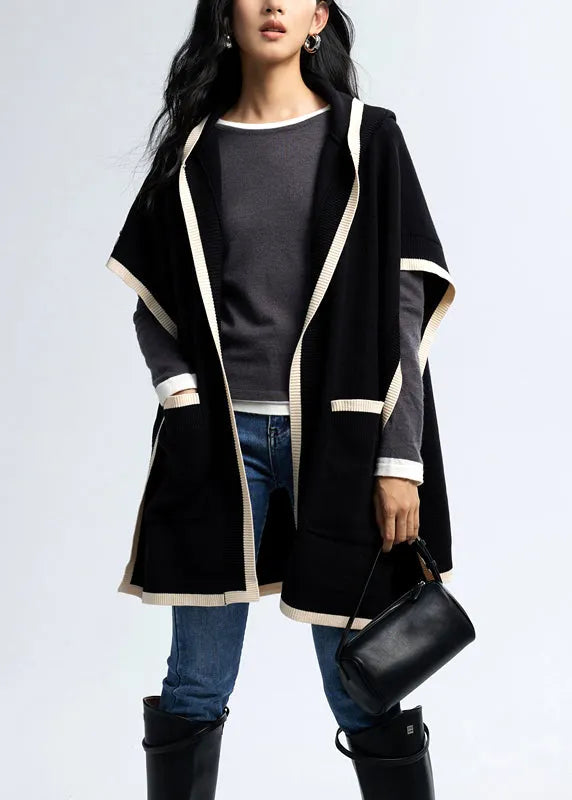 Black Hooded Pockets Knit Loose Cardigan Fall