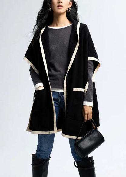 Black Hooded Pockets Knit Loose Cardigan Fall