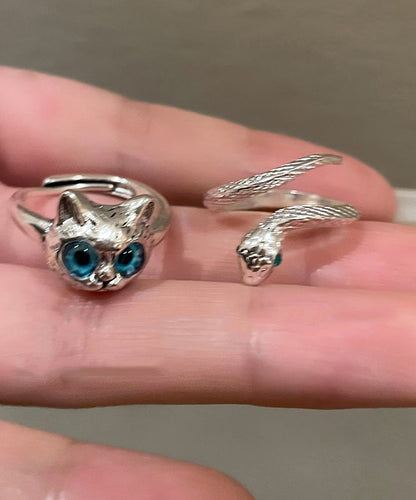 Blue Alloy Glass Little Cats and Snake Rings Two Pieces Set