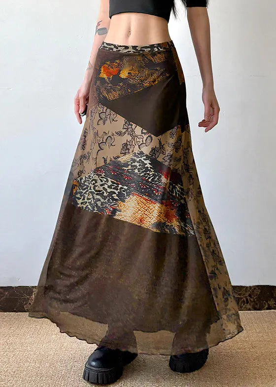 Retro Brown Print High Waist Patchwork Tulle Skirt Summer