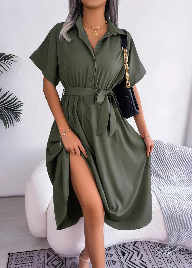 New Army Green Peter Pan Collar Lace Up Chiffon Long Dress Summer