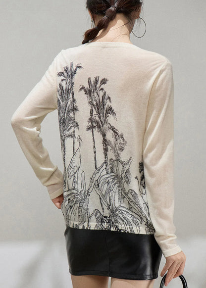 Slim Fit Apricot O Neck Print Thin Knit Sweater Fall