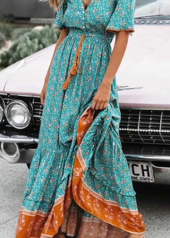 Classy Blue V Neck Print Lace Up Wrinkled Cotton Dress Summer