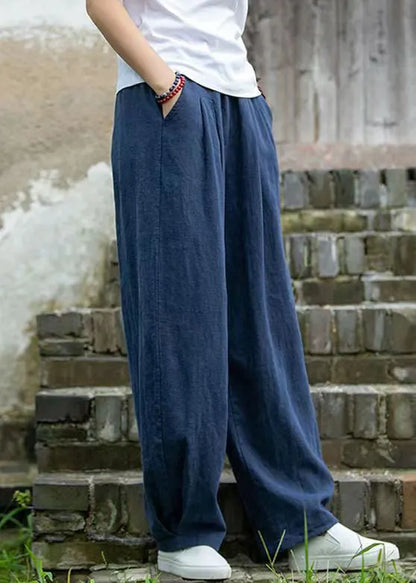 Simple Blue Pockets Linen Pants Summer