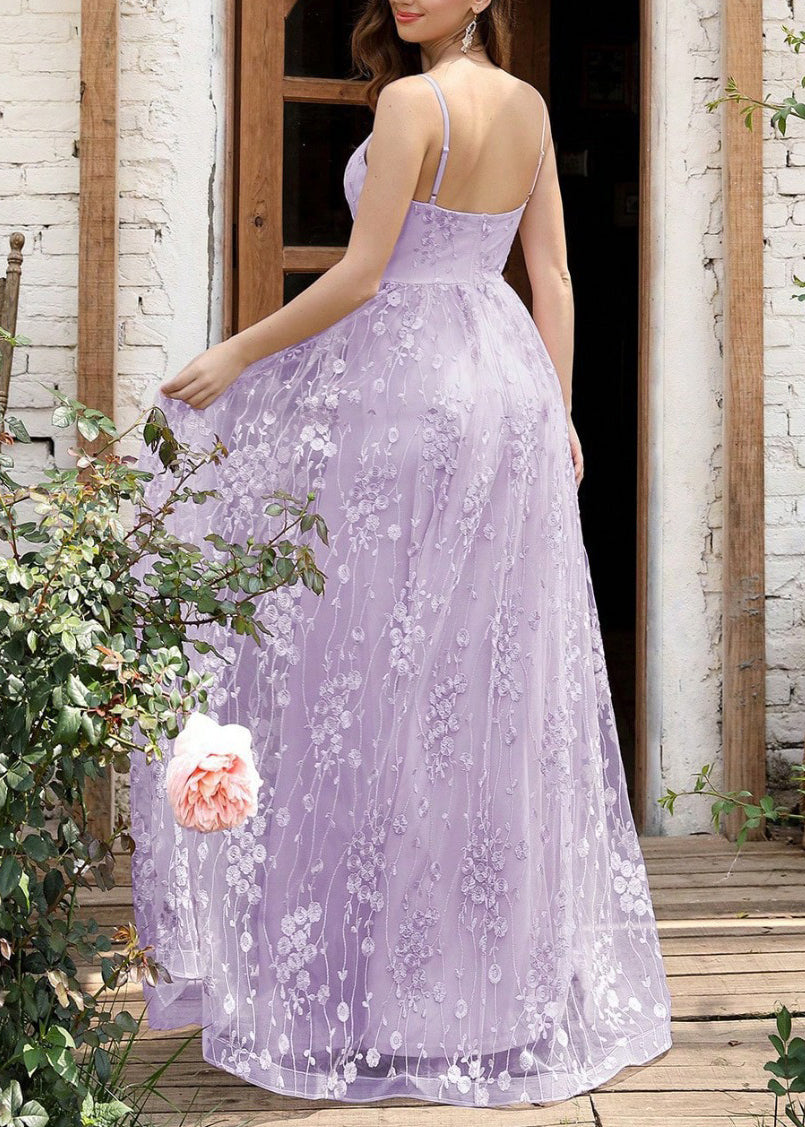 Purple Embroidered Backless Tulle Spaghetti Strap Dress Sleeveless