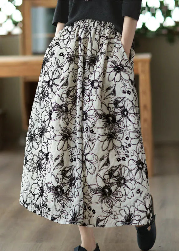 Beige Wrinkled Embroidered Linen Skirt Summer