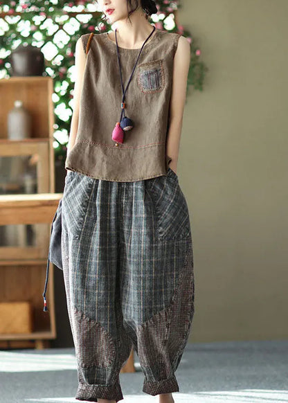 Chocolate Pocket Patchwork Linen Tank Tops Sleeveless
