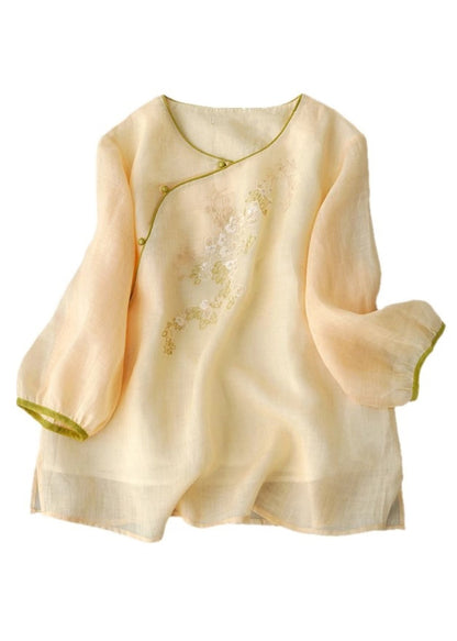 Apricot Embroidered Patchwork Button Shirt Summer