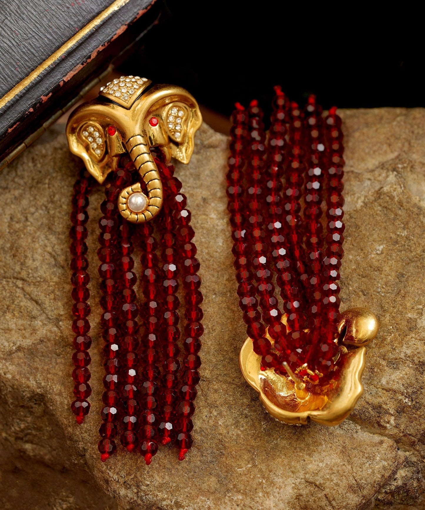 Red Copper 14k Gold Elephant Pearl Tassel Drop Earrings