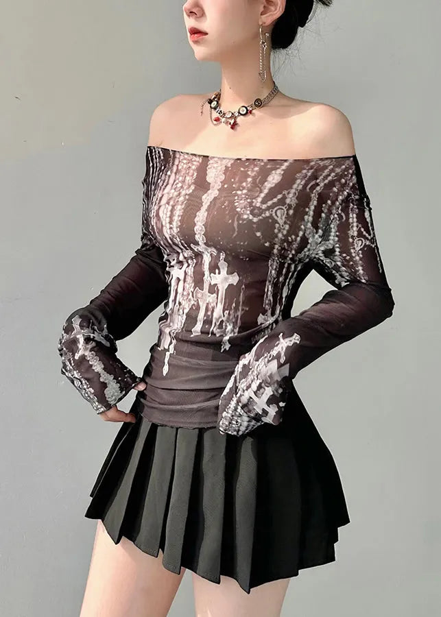 Black Slash Neck Print Tulle Top Fall