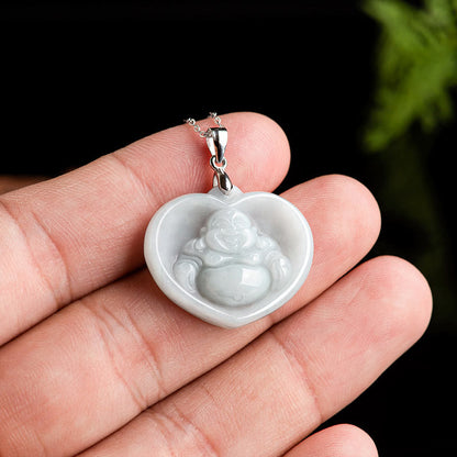 Buddha Stones Laughing Buddha White Jade Luck Blessing Titanium Steel Chain Necklace Pendant