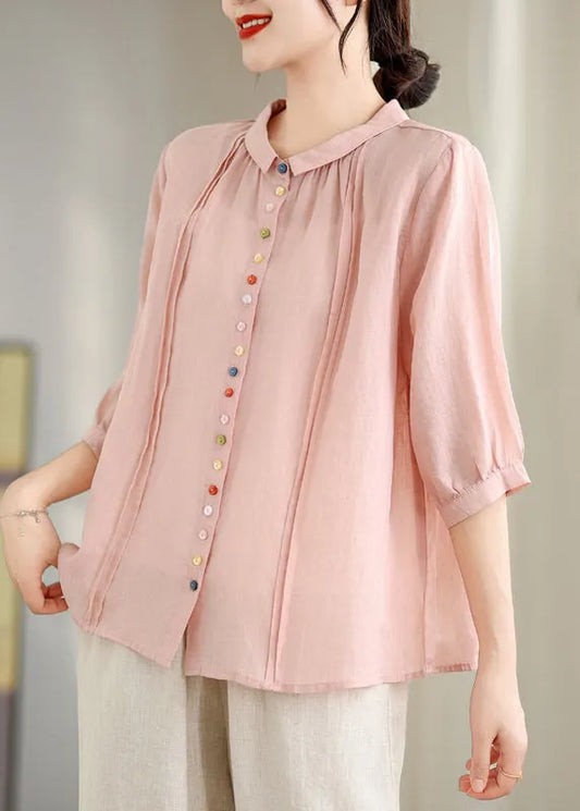 Pink Peter Pan Collar Cotton Shirt Top Half Sleeve