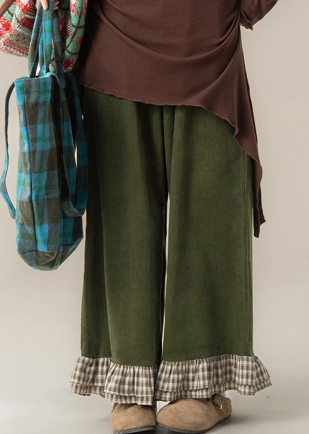 Green Ruffled Patchwork High Waist Wide Leg Pants