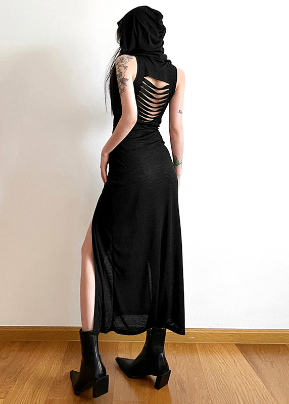 Vogue Army Green Turtleneck Side Open Hooded Long Dress Summer