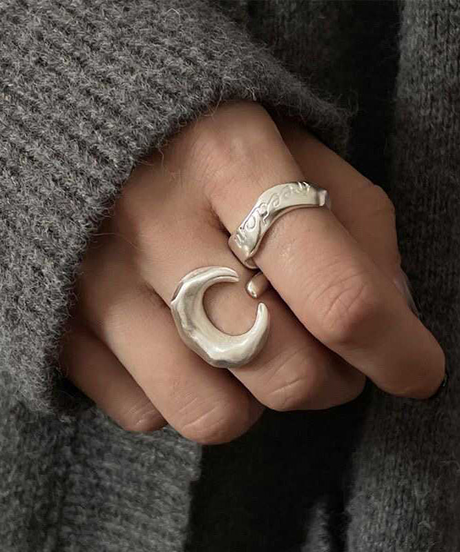 925 Silver Graphic Moon Rings Two Piece Set