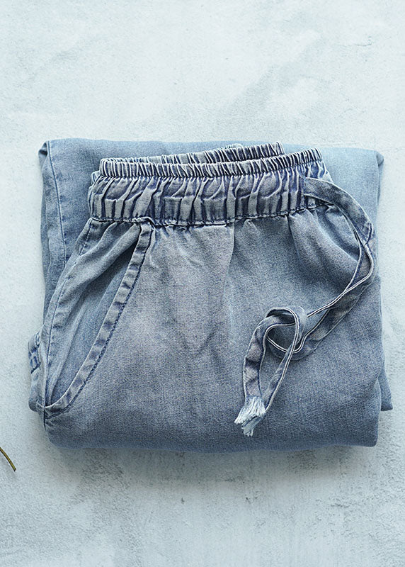 Light Blue High Waist Draping Cotton Denim Wide Leg Pants Summer