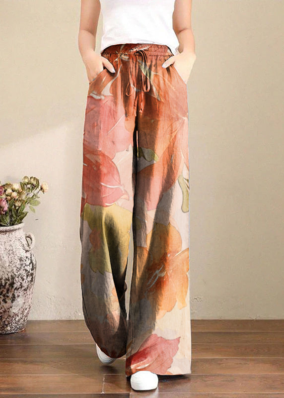 French Brown Geometry Elastic Waist Pockets Linen Wide Leg Pants Summer