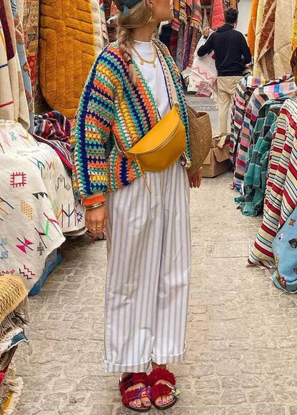 Rainbow V Neck Short Knit Cardigan Fall