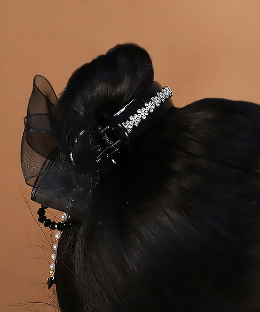 Black Acrylic Tulle Pearl Tassel Hairpin