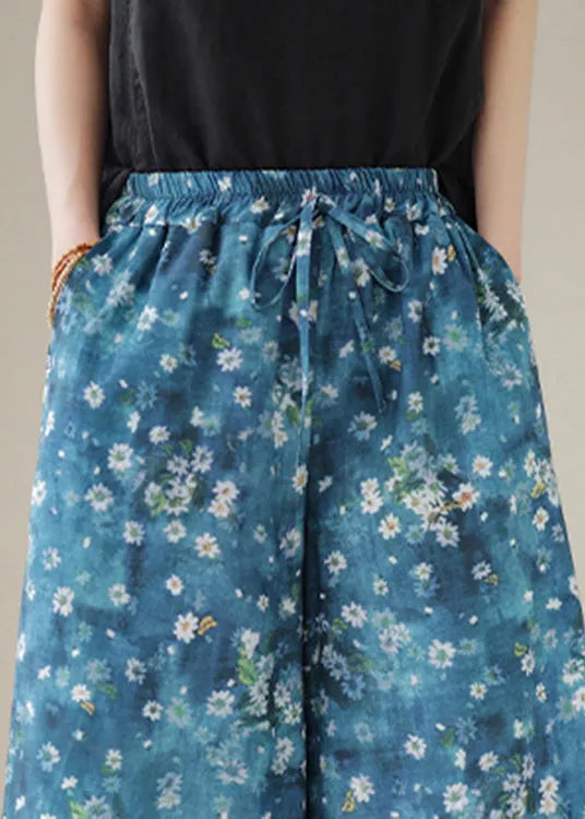 Unique Blue Print Elastic Waist Wide Leg Pants Summer