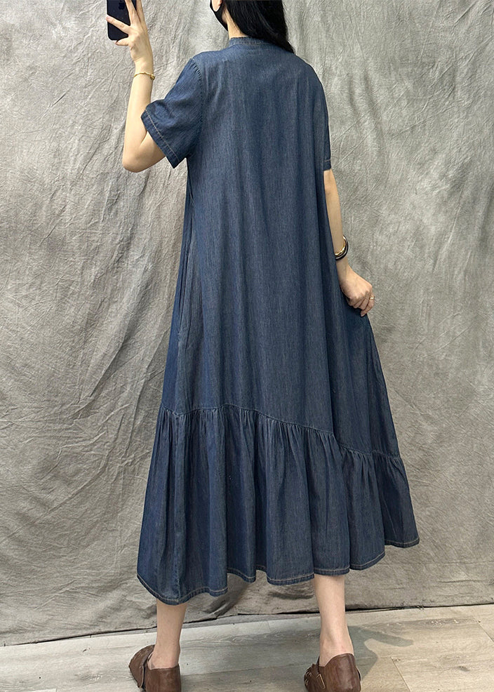 Light Blue Stand Collar Patchwork Denim Dress Summer