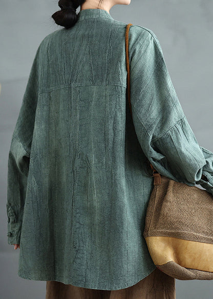 Green Stand Collar Chinese Button Cotton Shirt Top Spring