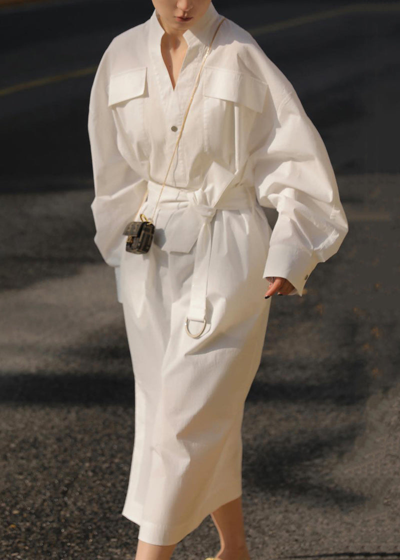 Loose White Pockets Tie Waist Side Open Cotton Blouses Dress Fall