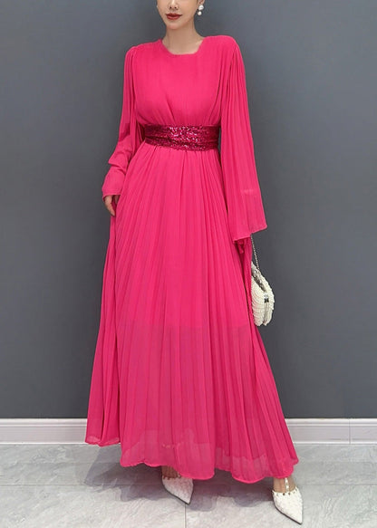 Rose Wrinkled Tie Waist Chiffon Maxi Dresses Flare Sleeve