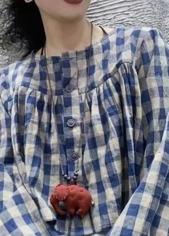 Blue O Neck Plaid Cotton Shirt Top Long Sleeve