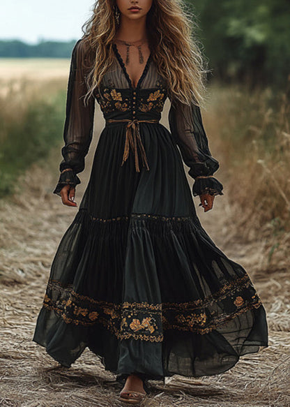 Blackish Green V Neck Wrinkled Patchwork Cotton Long Dress Fall