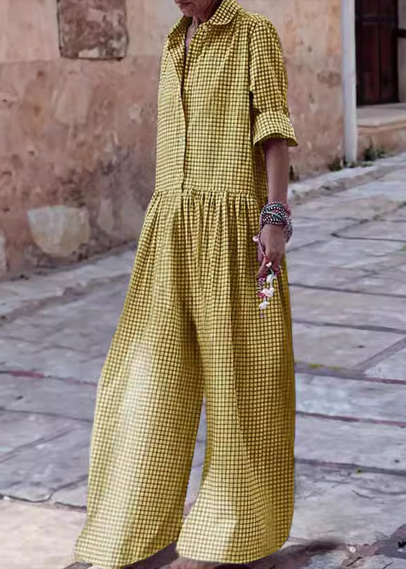 Blue Peter Pan Collar Plaid Button Cotton Jumpsuit Fall