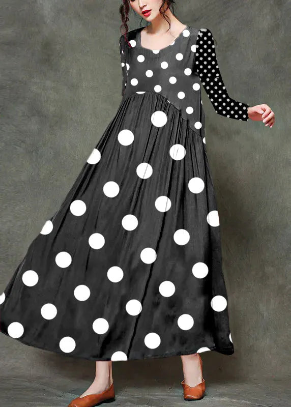 Red Polka Dot Stitching O-neck Wrinkled Long Dresses Sleeveless
