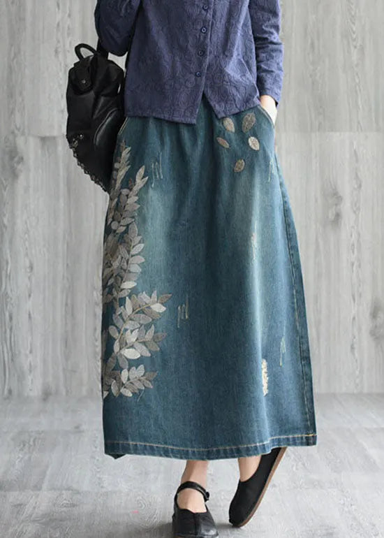 Natural Dark Blue Pockets Embroidered Cotton Denim Skirts Spring