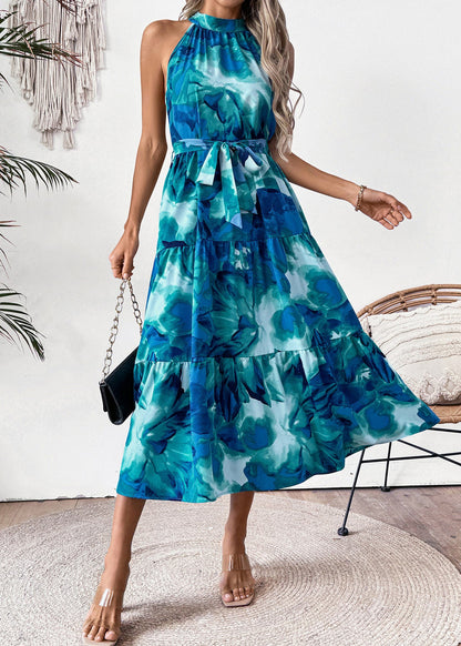 Blue Print Tie Waist Cotton Dresses Sleeveless