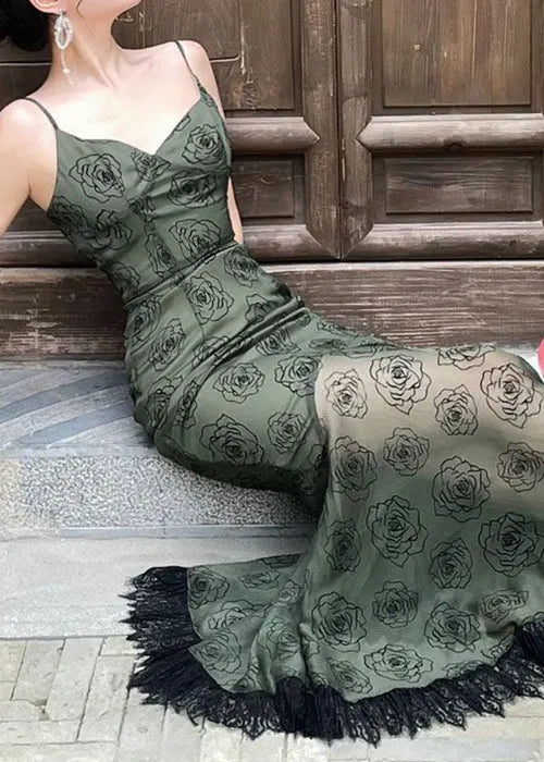 Slim Fit Blackish Green V Neck Lace Patchwork Spaghetti Strap Dress Sleeveless
