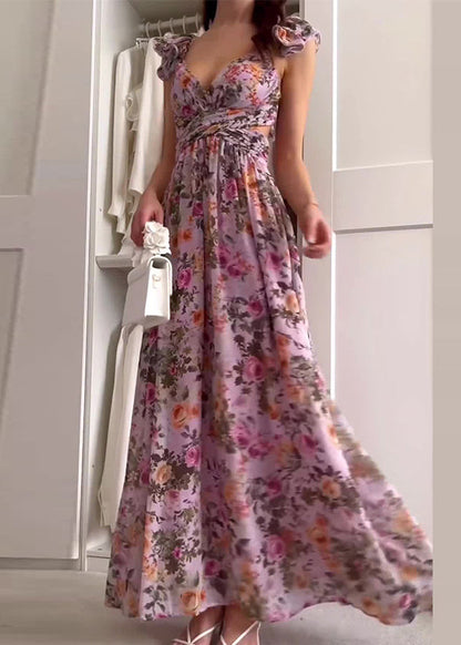 Purple Ruffled Print Hollow Out Chiffon Long Dress Summer