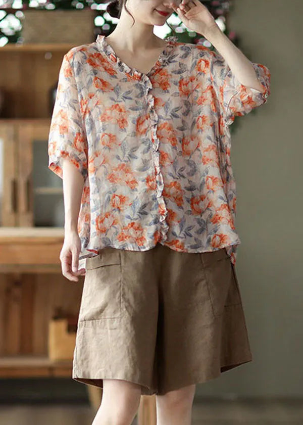 Orange Ruffled Print Patchwork Linen Blouses Summer