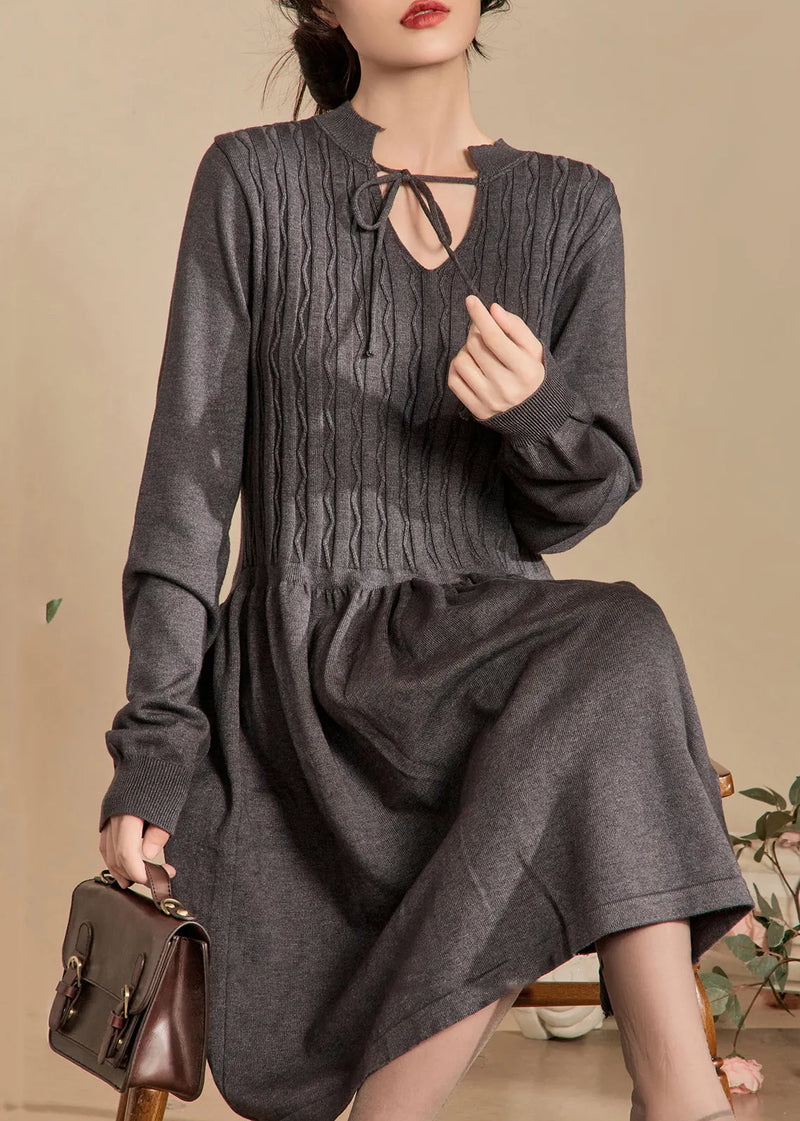 Grey Lace Up Knit Dresses Spring