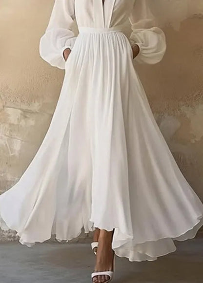 Boutique White V Neck Wrinkled Chiffon Maxi Dresses Fall