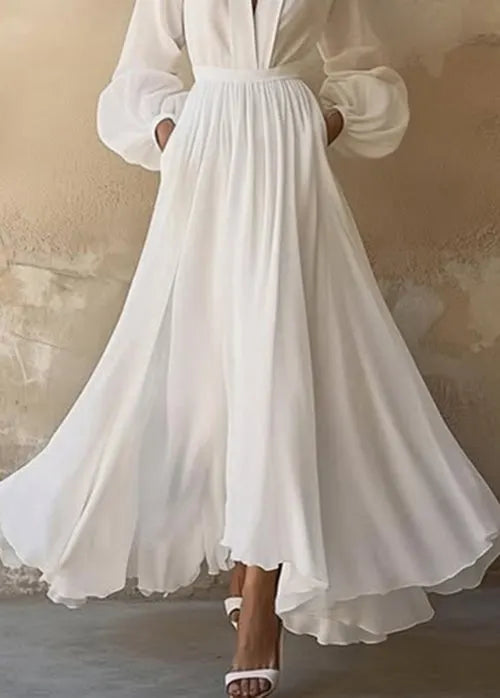 Boutique White V Neck Wrinkled Chiffon Maxi Dresses Fall