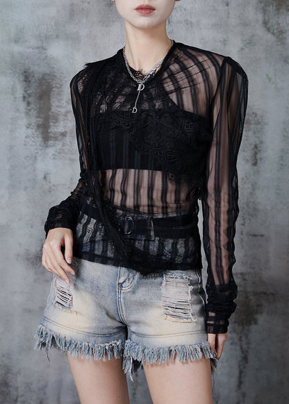 Black Asymmetrical Patchwork Tulle Eyelash Tops Fall